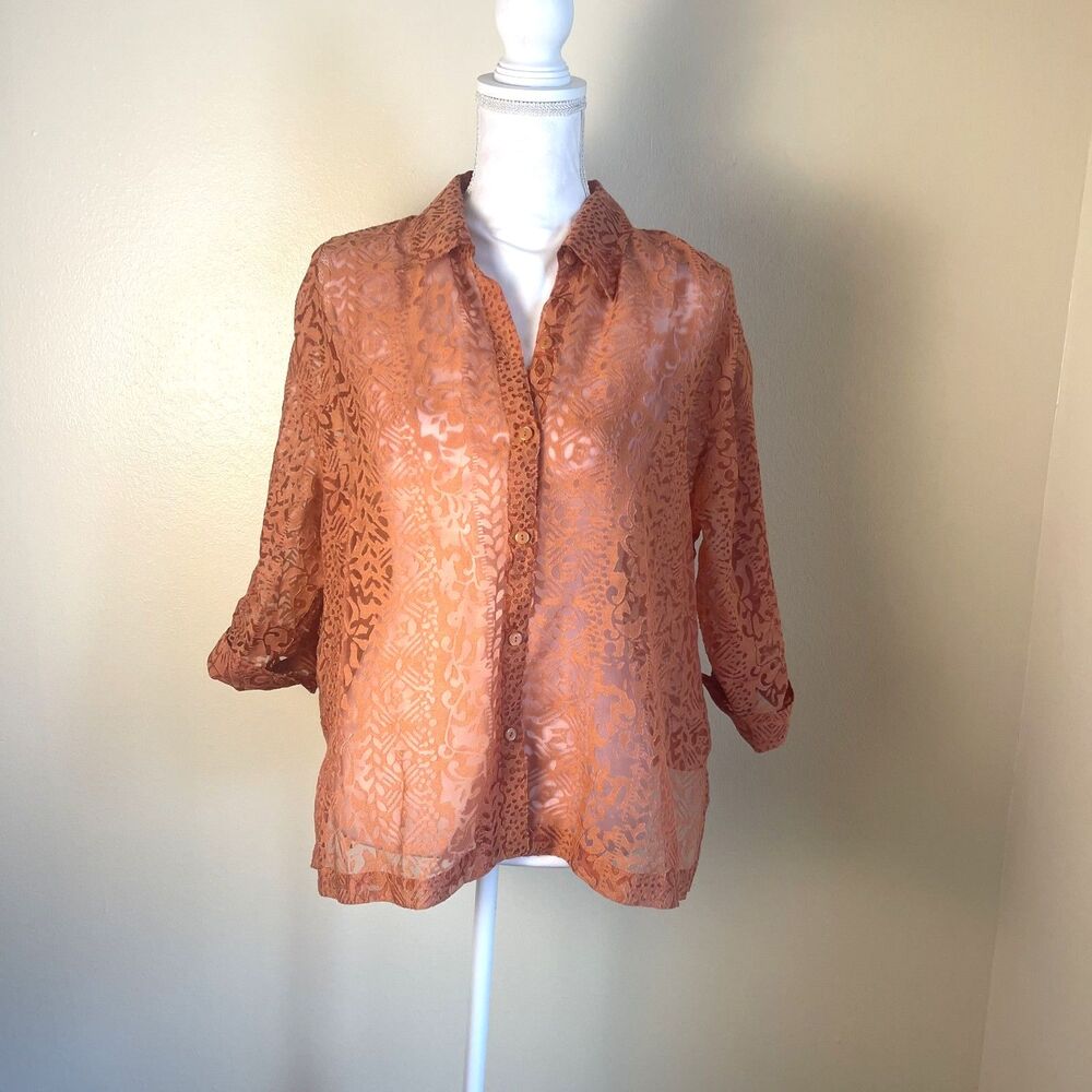 Notations Boho Semi Sheer Terracotta Burn Out Shirt Top L Puff Sleeves Artsy